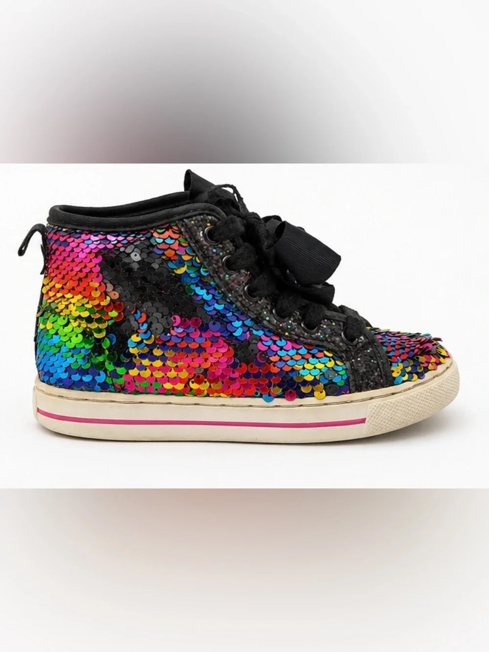 Justice Rainbow Sequin High Top Sneakers Girls Bow Ribbon MultiColor Glitter 12